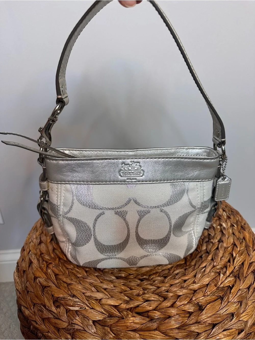 Coach Zoe hobo bag monogram print silver white leather Y2K